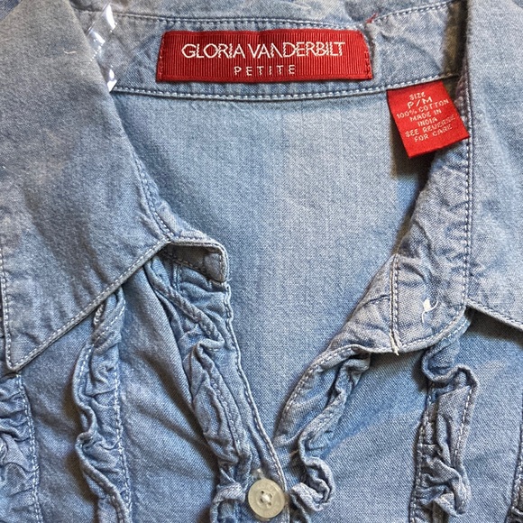 Vintage Gloria Vanderbuilt Denim Ruffled Blouse, P/M - Picture 4 of 4